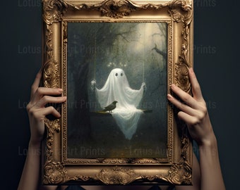 Ghost On A Swing Poster, Sheeted Ghost Art Print, Halloween Ghost Spooky Face Gothic Printable, Abandoned Art, Dark Academia Room Decor Gift