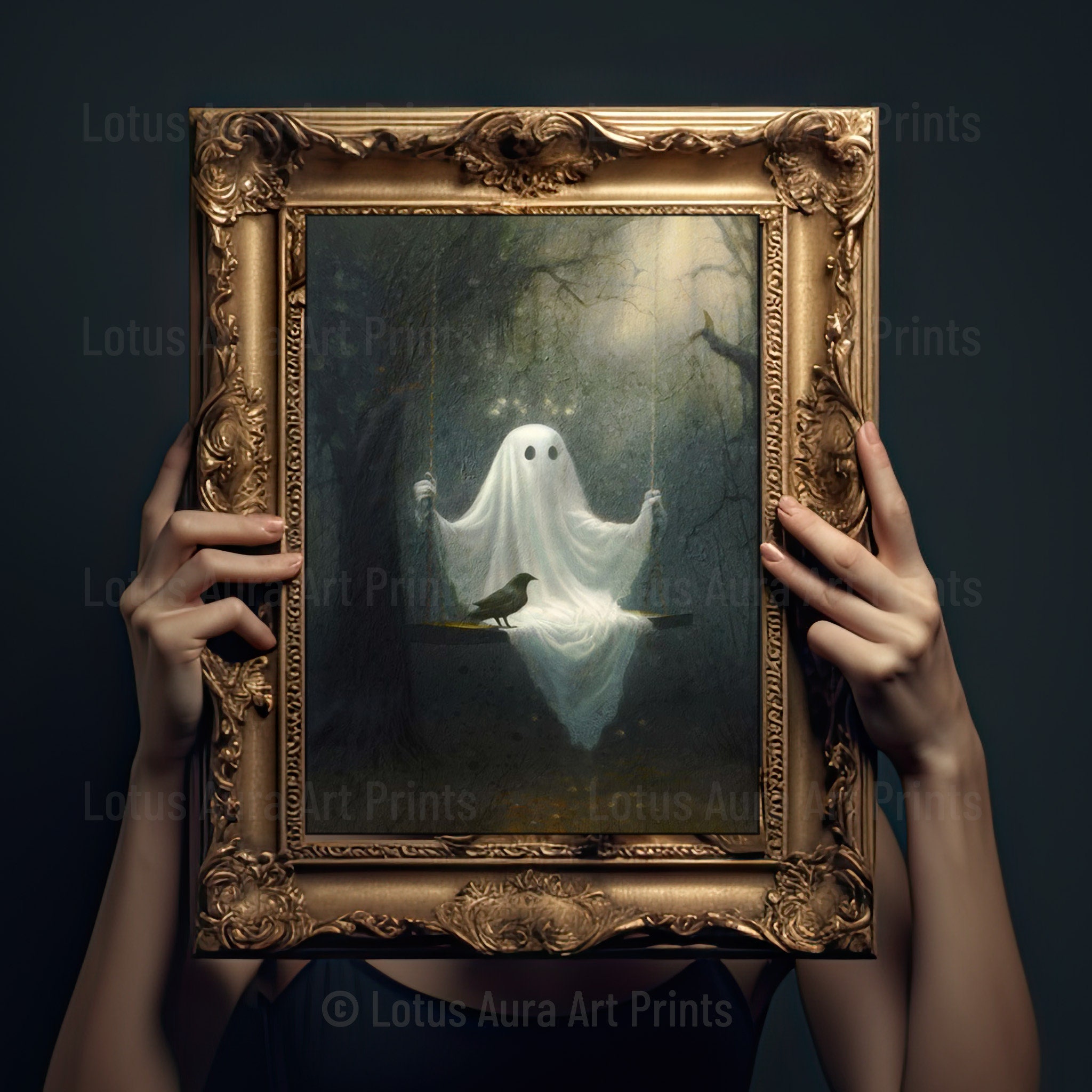 Ghost on A Swing Poster, Sheeted Ghost Art Print, Halloween Ghost ...