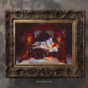 vampire legends,dark book lover gift,bride of dracula,dark gothic vampire,femme fatale,gothic fairy tale,gothic mythology,gothic romantasy,gothic occult art,succubus,Dracula's Bride Print,Gothic Romantasy Femme Fatale Art,Occult Vampire Bedroom Oil Painting,Vampire Couple Gift,Letters Of Crimson Vow,mature content,vampire bride,vampire couple print