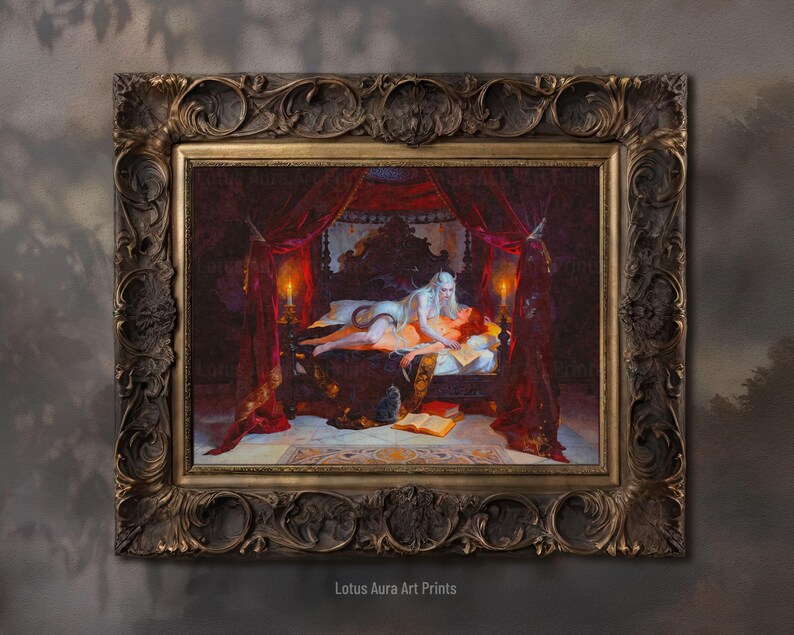 vampire legends,dark book lover gift,bride of dracula,dark gothic vampire,femme fatale,gothic fairy tale,gothic mythology,gothic romantasy,gothic occult art,succubus,Dracula's Bride Print,Gothic Romantasy Femme Fatale Art,Occult Vampire Bedroom Oil Painting,Vampire Couple Gift,Letters Of Crimson Vow,mature content,vampire bride,vampire couple print