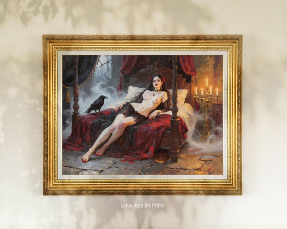 Bride Of Dracula Print,Gothic Romantasy Femme Fatale Art, Occult Vampire Bedroom Oil Painting,Dark Book Lover Decor,Vampire Couple Gift