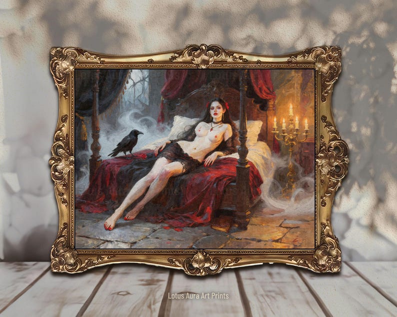 vampire legends,vampire bride,bride of dracula,femme fatale,gothic fairy tale,gothic romantasy,dark gothic vampire,gothic occult art,dark academia,gothic mythology,vampire couple print,dark book lover gift,edgar allen poe art, moody raven wall art,sorcellerie,sex magick,Vampire's Bride,Bride Of Dracula Print,Gothic Romantasy Femme Fatale Art, Occult Vampire Bedroom Oil Painting,Dark Book Lover Decor,Vampire Couple Gift,mature content