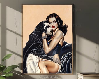 Vampire Couple Print, Vampire Poster, Dark Embrace, Gothic Romance, Gothic Art Print, Halloween Decor, Oil Painting, Vintage Portrait