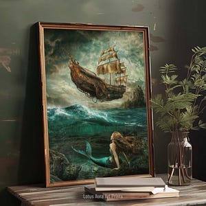 mermaid aesthetic,goblincore art,light academia print,mermaidcore,cottagecore poster,fairycore,french aesthetic,Dark Rustic Mermaid Painting,Greenhouse Art Print,Coastal Ocean Aesthetic,Nautical Wall Art,Baroque Siren Painting,Art Poster Print
