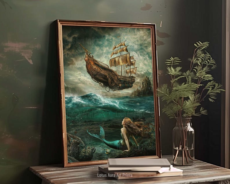 mermaid aesthetic,goblincore art,light academia print,mermaidcore,cottagecore poster,fairycore,french aesthetic,Dark Rustic Mermaid Painting,Greenhouse Art Print,Coastal Ocean Aesthetic,Nautical Wall Art,Baroque Siren Painting,Art Poster Print
