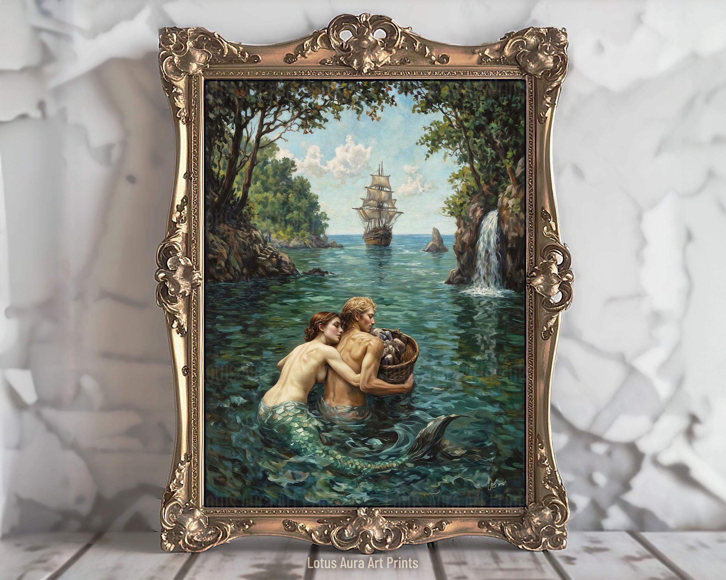 Dark Academia Rustic Mermaid Painting,Pearl Hunt,Greenhouse Art Print,Nautical Wall Art,Coastal Ocean Aesthetic,Vintage Seascape,Lovers Gift
