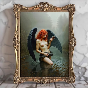 Fallen Angel Lilith Demon Goddess Print,Gothic Dark Academia Mythological Vintage Oil Painting,Occult Wicca Pagan Art Gift,Witchy Home Decor