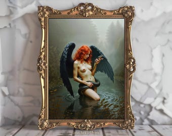 Fallen Angel Lilith Demon Goddess Print,Gothic Dark Academia Mythological Vintage Oil Painting,Occult Wicca Pagan Art Gift,Witchy Home Decor