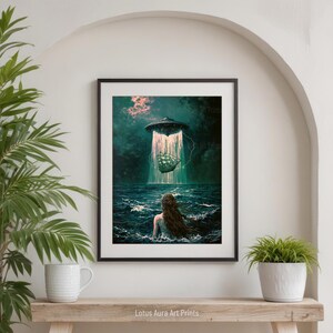 mermaid aesthetic,down bad art,spaceship painting,alien abduction,gaming room art,Dark Rustic Mermaid And UFO Wall Art Print,Coastal Ocean Aesthetic,Nautical Dark Academia Decor,Vintage Seascape,Maximalist Gaming Room Art,altered oil painting