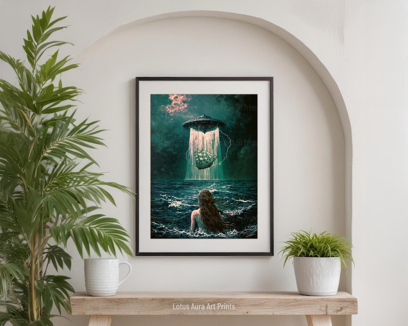 mermaid aesthetic,down bad art,spaceship painting,alien abduction,gaming room art,Dark Rustic Mermaid And UFO Wall Art Print,Coastal Ocean Aesthetic,Nautical Dark Academia Decor,Vintage Seascape,Maximalist Gaming Room Art,altered oil painting