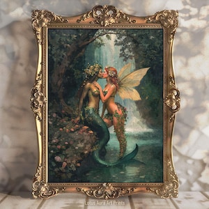 Dark Rustic Mermaid And Forest Fairy Kissing Print,Whimsical Goth LGBT Wedding Art,Divine Femininity Wicca Painting,Cottagecore Pagan Gift