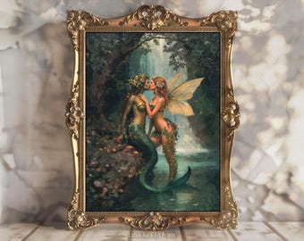 Dark Rustic Mermaid And Forest Fairy Kissing Print,Whimsical Goth LGBT Wedding Art,Divine Femininity Wicca Painting,Cottagecore Pagan Gift