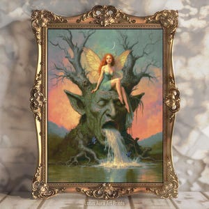 Golden Fairy Art Print,Fairy Fountain,Forest Dryad Whimsical Goth Wall Art,Divine Femininity Wicca Painting,Mythical Goddess Pagan Gift