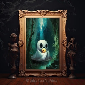 Ghost With Duck Poster, Sheeted Ghost Art Print, Ghost Painting, Halloween Ghost Gothic Print, Abandoned Art, Dark Academia Room Decor Gift