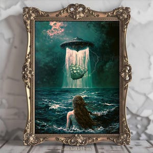 Dark Rustic Mermaid And UFO Wall Art Print,Coastal Ocean Aesthetic,Nautical Dark Academia Decor,Vintage Seascape,Maximalist Gaming Room Art,altered oil painting,mermaid aesthetic,down bad art,spaceship painting,alien abduction,gaming room art