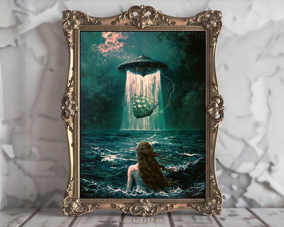 Dark Rustic Mermaid And UFO Wall Art Print,Coastal Ocean Aesthetic,Nautical Dark Academia Decor,Vintage Seascape,Maximalist Gaming Room Art