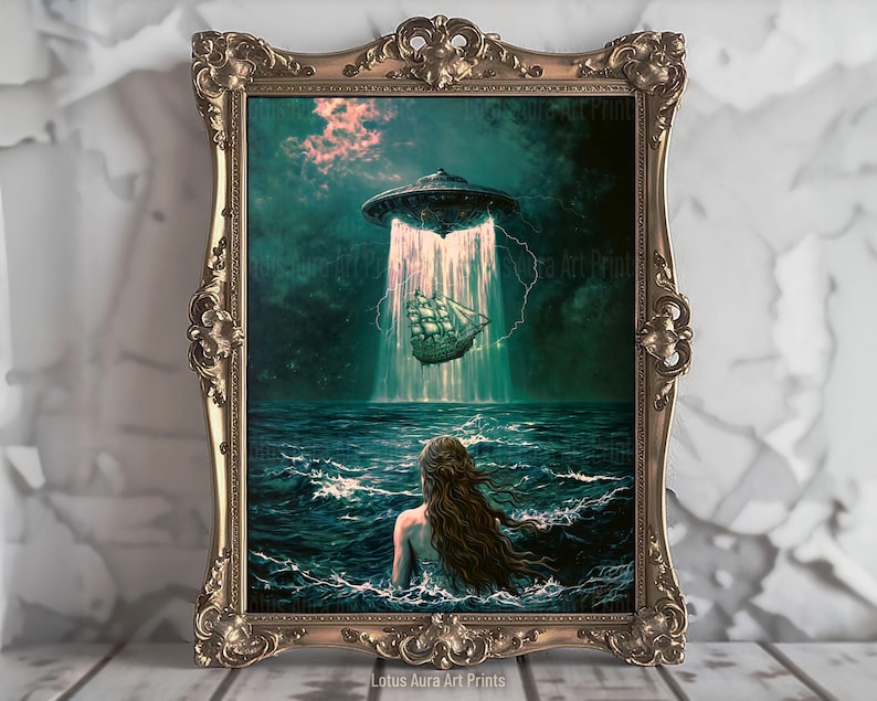 Dark Rustic Mermaid And UFO Wall Art Print,Coastal Ocean Aesthetic,Nautical Dark Academia Decor,Vintage Seascape,Maximalist Gaming Room Art,altered oil painting,mermaid aesthetic,down bad art,spaceship painting,alien abduction,gaming room art