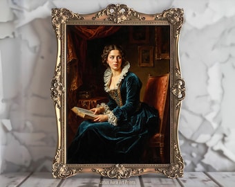 Regal Victorian Woman Reading,Librariancore Art Print,Bookish Decor Wall Painting,Feminine Dark Academia Reading Nook Art,Book Lover Gift