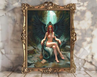 Könnte beinhalten: Gerahmtes Kunstwerk mit einer nackten Figur mit roten Haaren und schwarzen Flügeln, die auf einem Thron sitzt. Das Kunstwerk in der Waldszene hat einen goldenen, verzierten Rahmen und den Text "Lotus Aura Art Prints" unten.