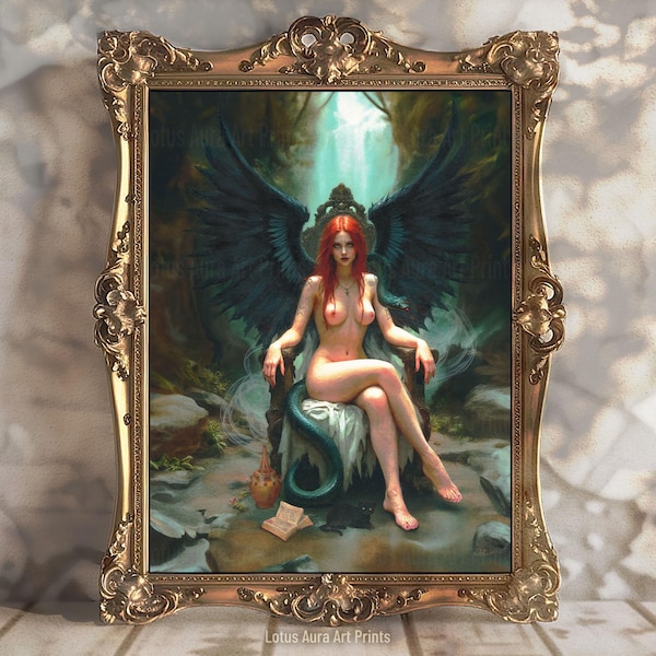Lilith's Throne Demon Goddess Print,Whimsical Goth Fallen Angel Lilit Painting,Wicca Divine Femininity Altar Decor,Witchy Pagan Hexen Gift