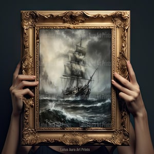 Ship In Stormy Sea Print,Coastal&Ocean Aesthetic,Dark Academia Decor,Nautical Wall Art,Vintage Seascape Print,Moody Antique Art,Maritime Art