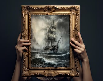 Ship In Stormy Sea Print,Coastal&Ocean Aesthetic,Dark Academia Decor,Nautical Wall Art,Vintage Seascape Print,Moody Antique Art,Maritime Art