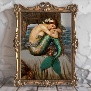 Dark Academia Rustic Sleeping Mermaid Print, Whimsical Goth Greenhouse Painting, Nautical Wall Art, Coastal Ocean Decor, Seascape Siren Gift