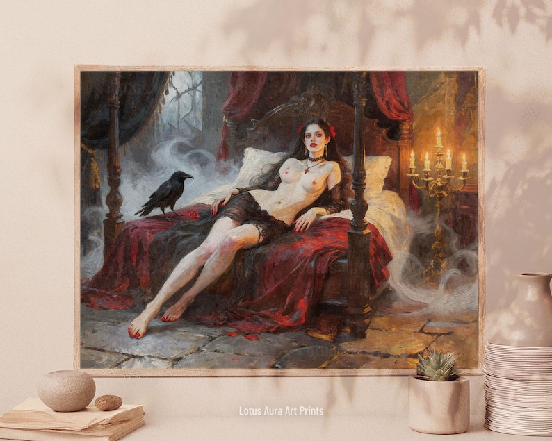 mature content,vampire legends,vampire bride,bride of dracula,femme fatale,gothic fairy tale,gothic romantasy,dark gothic vampire,gothic occult art,dark academia,gothic mythology,vampire couple print,dark book lover gift,edgar allen poe art, moody raven wall art,sorcellerie,sex magick,Vampire's Bride,Bride Of Dracula Print,Gothic Romantasy Femme Fatale Art, Occult Vampire Bedroom Oil Painting,Dark Book Lover Decor,Vampire Couple Gift