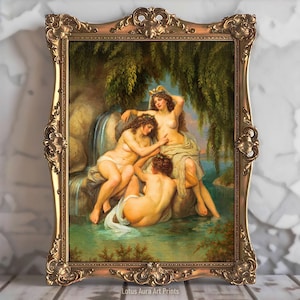 Goddess Diana And Nymphs Print,Artemis Mythology WhimsyGoth Wall Art,Warm Colored Coastal Pagan Art Gift,Witchy Home Decor,Divine Femininity