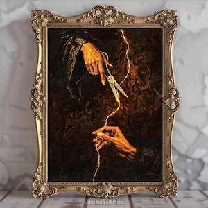 May include: A framed painting depicting two hands, one holding a pair of scissors, the other holding a thread. The hands are surrounded by a dark background with a golden glow.