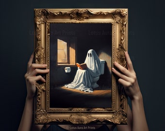 Ghost on Toilet Print, Ghost in Bathroom, Gothic Bathroom Decor, Vintage Poster, Art Poster Print, Gothic Victorian,Dark Academia Decor Gift