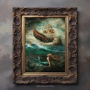 goblincore art,light academia print,mermaidcore,cottagecore poster,fairycore,french aesthetic,Dark Rustic Mermaid Painting,Greenhouse Art Print,Coastal Ocean Aesthetic,Nautical Wall Art,Baroque Siren Painting,Art Poster Print,mermaid aesthetic