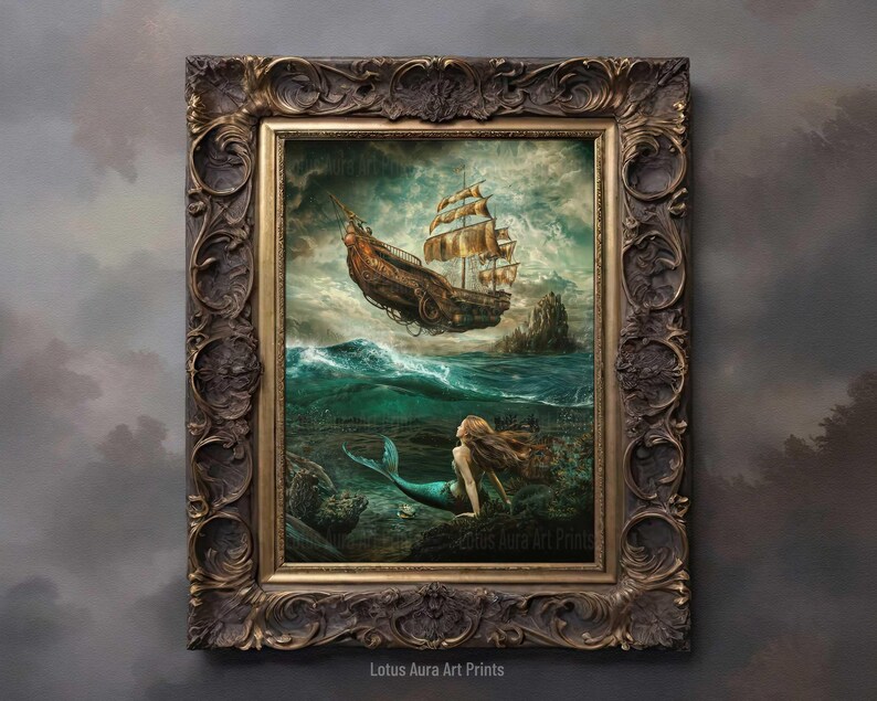goblincore art,light academia print,mermaidcore,cottagecore poster,fairycore,french aesthetic,Dark Rustic Mermaid Painting,Greenhouse Art Print,Coastal Ocean Aesthetic,Nautical Wall Art,Baroque Siren Painting,Art Poster Print,mermaid aesthetic