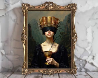Queen Of Wisdom, Gothic Librariancore Art Print, Gold Book Crown Decor, Victorian Aesthetic Reading Nook Art, Dark Academia Book Lover Gift