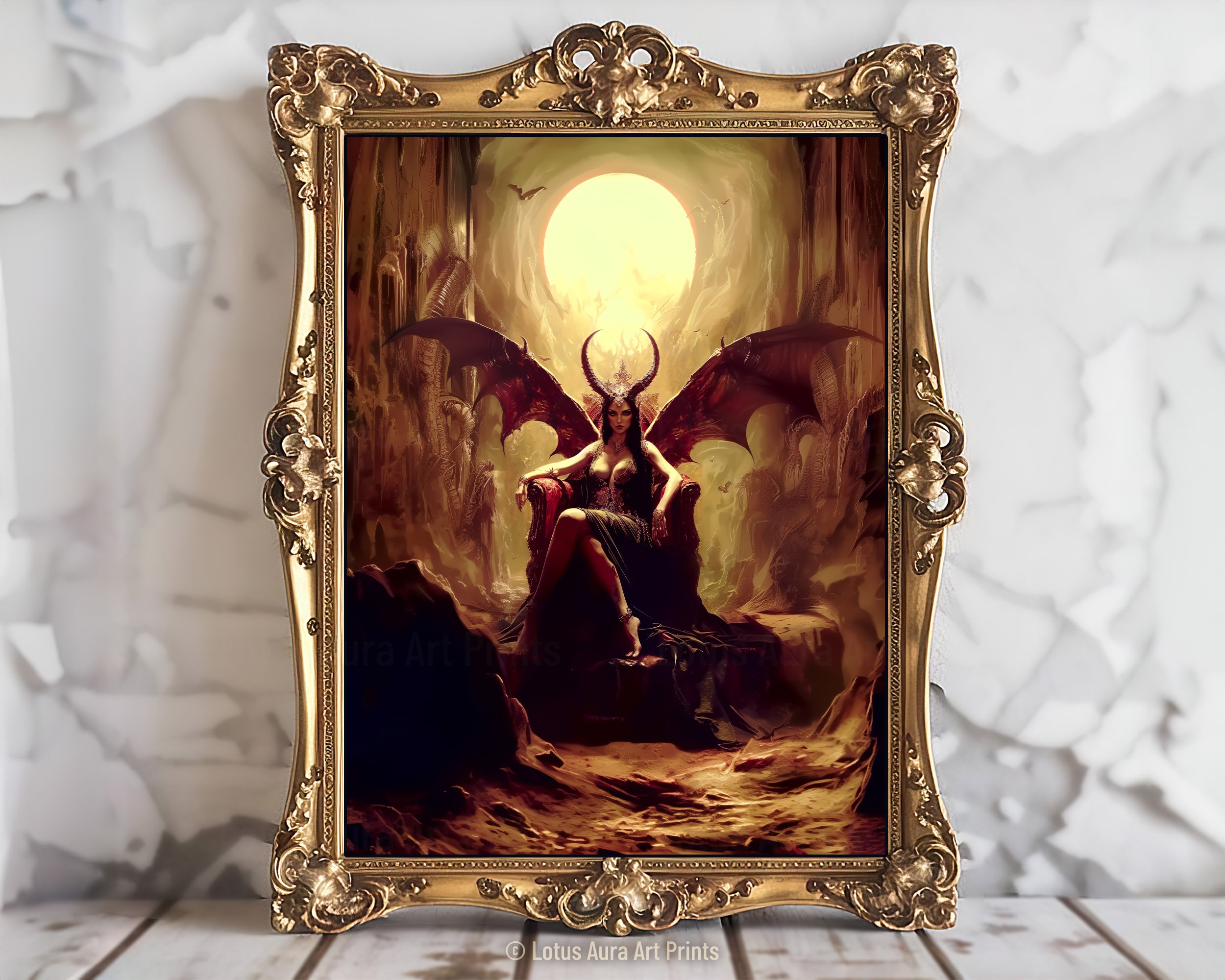 Lilith Sitting on Throne Devil Print Canvas, Demon Vintage Dark