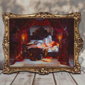 vampire couple print,vampire legends,dark book lover gift,bride of dracula,dark gothic vampire,femme fatale,gothic fairy tale,gothic mythology,gothic romantasy,gothic occult art,succubus,Dracula's Bride Print,Gothic Romantasy Femme Fatale Art,Occult Vampire Bedroom Oil Painting,Vampire Couple Gift,Letters Of Crimson Vow,mature content,vampire bride