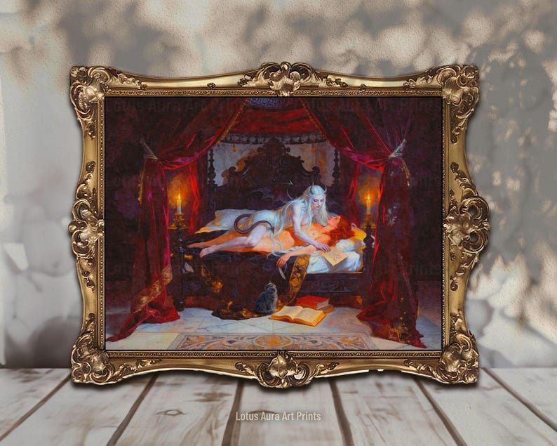 vampire couple print,vampire legends,dark book lover gift,bride of dracula,dark gothic vampire,femme fatale,gothic fairy tale,gothic mythology,gothic romantasy,gothic occult art,succubus,Dracula's Bride Print,Gothic Romantasy Femme Fatale Art,Occult Vampire Bedroom Oil Painting,Vampire Couple Gift,Letters Of Crimson Vow,mature content,vampire bride