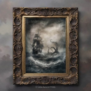 Lure Of The Kraken Print, Coastal & Ocean Aesthetic, Dark Academia Decor, Nautical Wall Art, Vintage Seascape,Moody Antique Art,Maritime Art