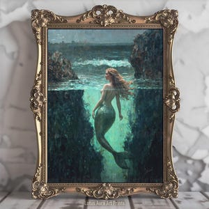 Dark Rustic Mermaid In A Tide Pool Canvas Print,Ocean Sea Nymph,Coastal Ocean Aesthetic,Moody Antique Art,Greenhouse Art Print,Feminine Gift