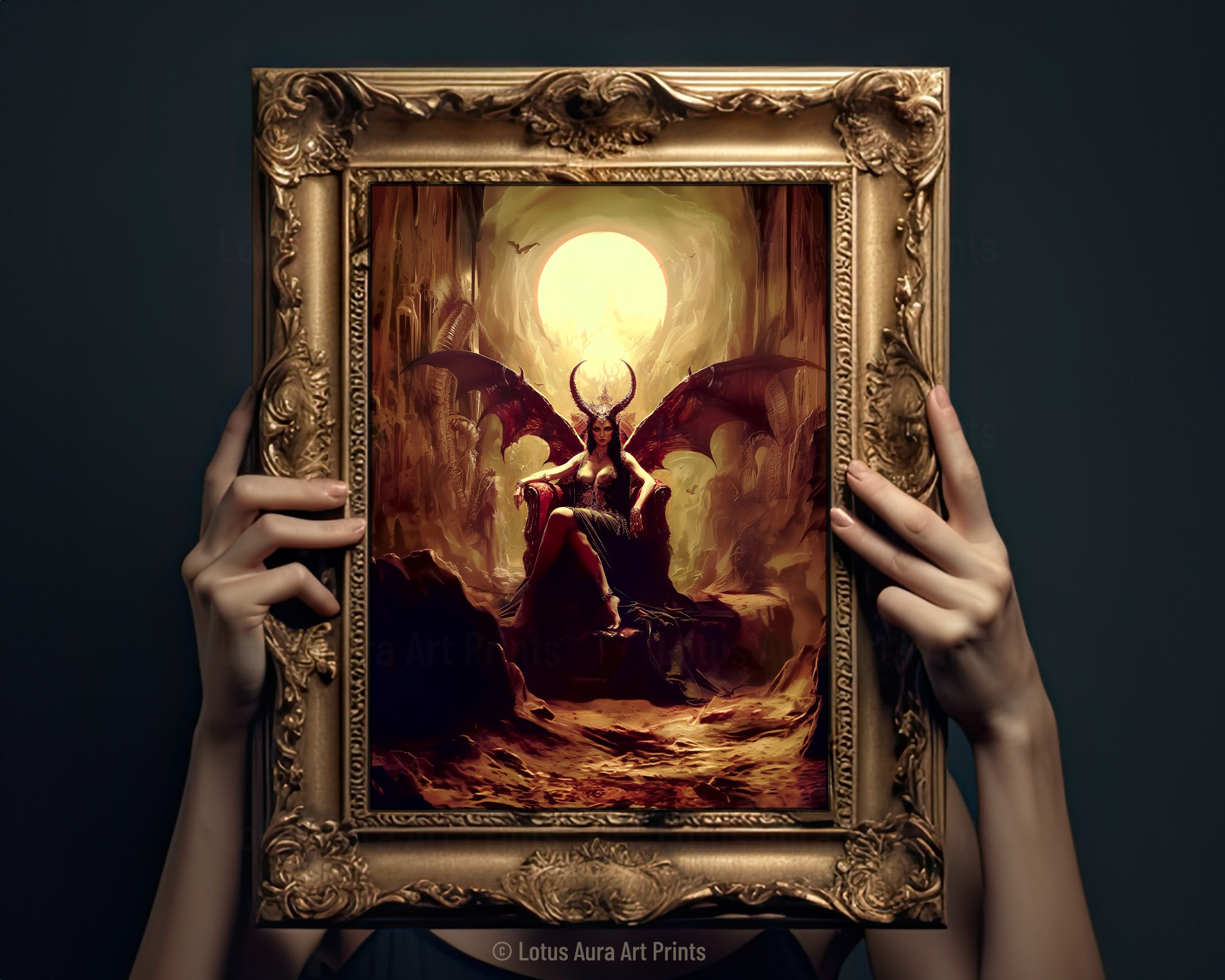 Lilith Sitting on Throne Devil Print Canvas, Demon Vintage Dark