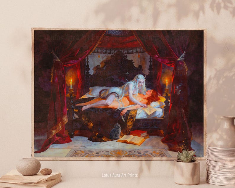 vampire bride,vampire couple print,vampire legends,dark book lover gift,bride of dracula,dark gothic vampire,femme fatale,gothic fairy tale,gothic mythology,gothic romantasy,gothic occult art,succubus,Dracula's Bride Print,Gothic Romantasy Femme Fatale Art,Occult Vampire Bedroom Oil Painting,Vampire Couple Gift,Letters Of Crimson Vow,mature content