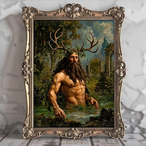 Cernunnos Art Print, Celtic Mythology, Pagan Home Decor, Ancient Paganism, Horned Antler God Portrait,Wiccan Sacred Altar, Art Poster Print
