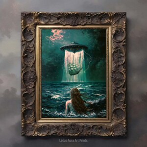 Nautical Dark Academia Decor,Vintage Seascape,Maximalist Gaming Room Art,altered oil painting,mermaid aesthetic,down bad art,spaceship painting,alien abduction,gaming room art,Dark Rustic Mermaid And UFO Wall Art Print,Coastal Ocean Aesthetic
