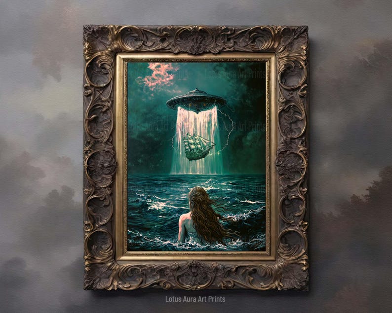 Nautical Dark Academia Decor,Vintage Seascape,Maximalist Gaming Room Art,altered oil painting,mermaid aesthetic,down bad art,spaceship painting,alien abduction,gaming room art,Dark Rustic Mermaid And UFO Wall Art Print,Coastal Ocean Aesthetic