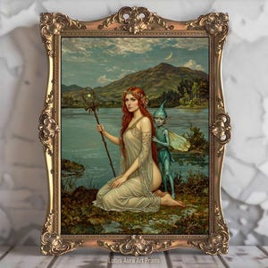May include: A painting of a woman with long flowing hair and a white dress, standing in a lake with a small fairy-like creature beside her. The woman is holding a staff with a glowing orb at the top. The background is a lush green forest with a blue sky and a crescent moon.