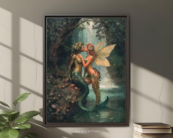 Rustic Mermaid & Dryad Kiss Framed Canvas Print: Whimsical Gothic LGBT Art