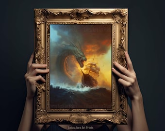 Wrath Of Kraken Painting,Dark Academia Decor,Coastal Ocean Aesthetic,Old Pirate Ship In Storm,Nautical Wall Art,Moody Antique Seascape Print