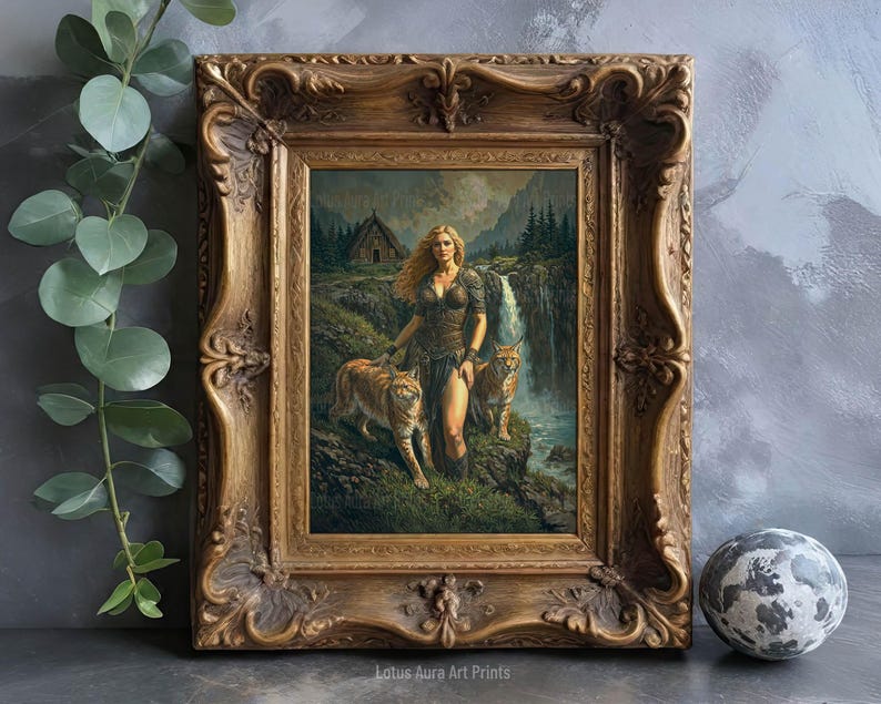 Divine Feminine Art,Norse Mythology,Art Nouveau,Feminine Energy,Witchy Gifts,Art Poster Print,freyja cats,freya wall art,norse art decor,art nouveau wall art,goddess home decor,goddess of fertility,freya,Norse Goddess Freya Print,Goddess Of Love
