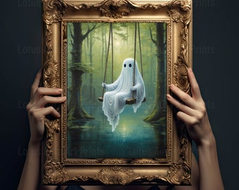 Ghost On A Swing, Ghost Wall Art, Haunted Forest, Ghost Bathroom Wall Art, Vintage Ghost Painting, Printable Download, Gothic Wall Art Print