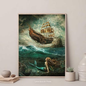 Coastal Ocean Aesthetic,Nautical Wall Art,Baroque Siren Painting,Art Poster Print,mermaid aesthetic,goblincore art,light academia print,mermaidcore,cottagecore poster,fairycore,french aesthetic,Dark Rustic Mermaid Painting,Greenhouse Art Print